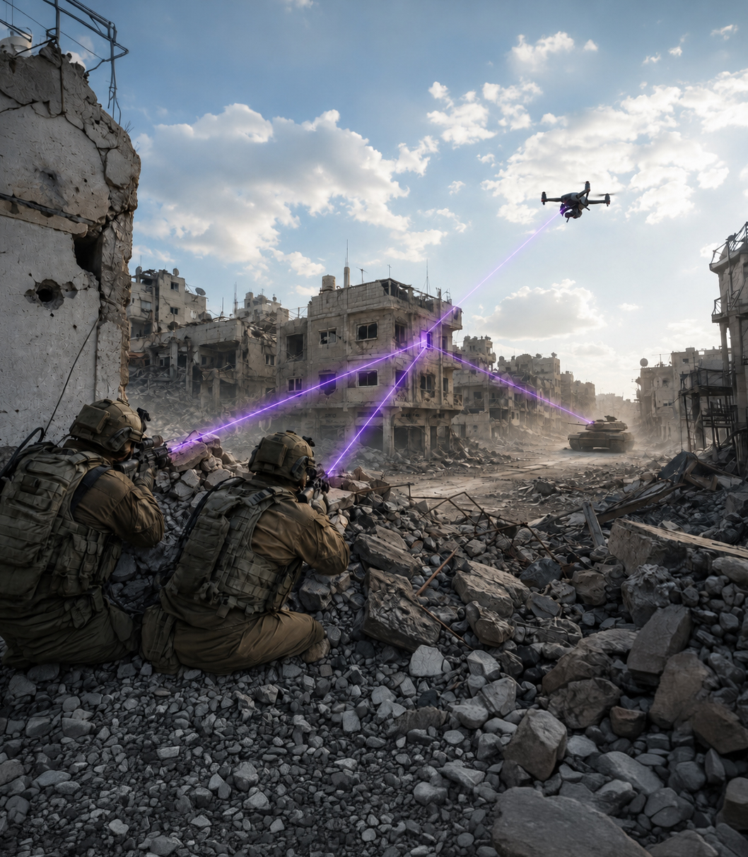 Networked battlefield — soldiers, UAV and armor linked by an optical targeting layer